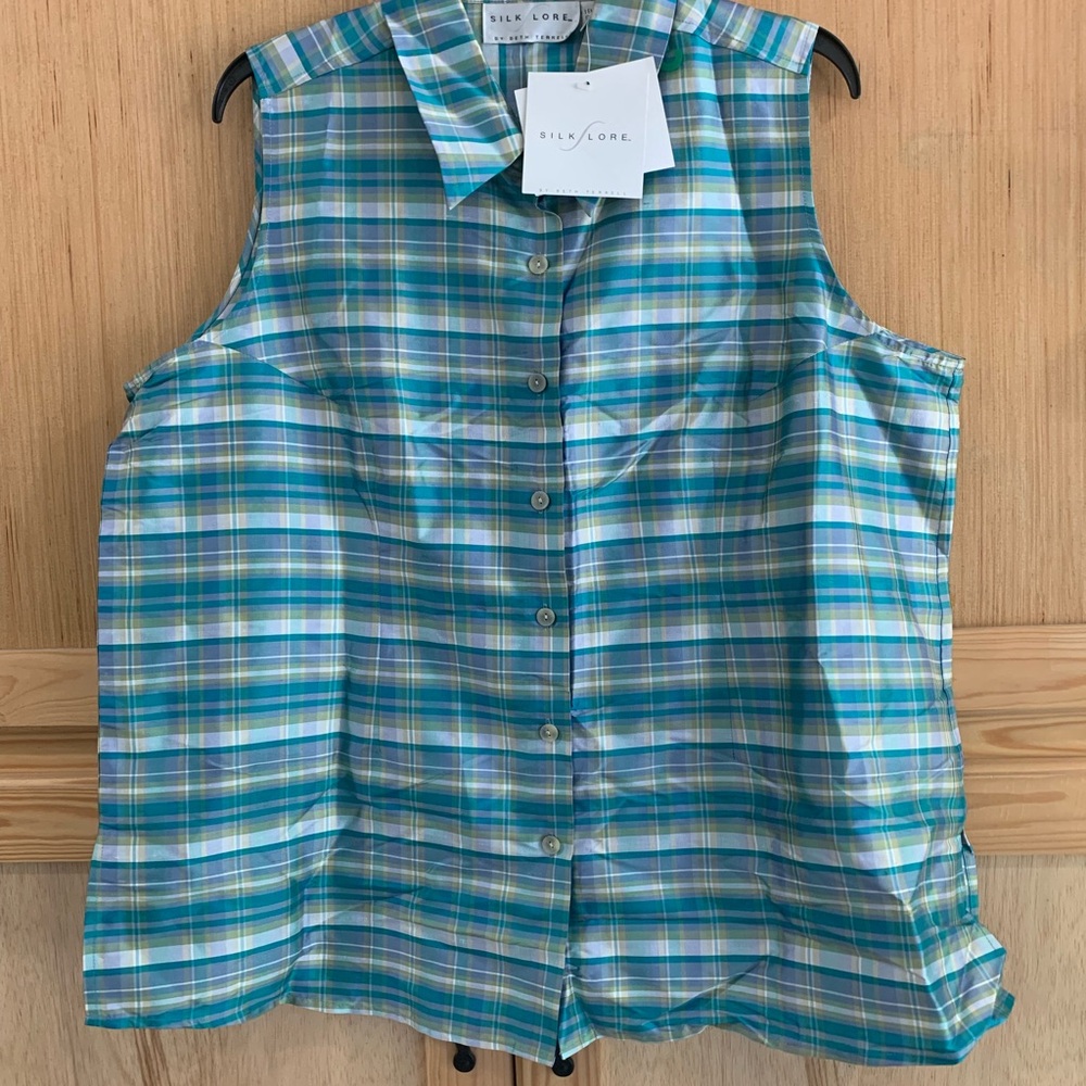 Silk Lore Blue and Green Plaid 100% Silk Sleeveless Shirt Sz 1X New with tags!